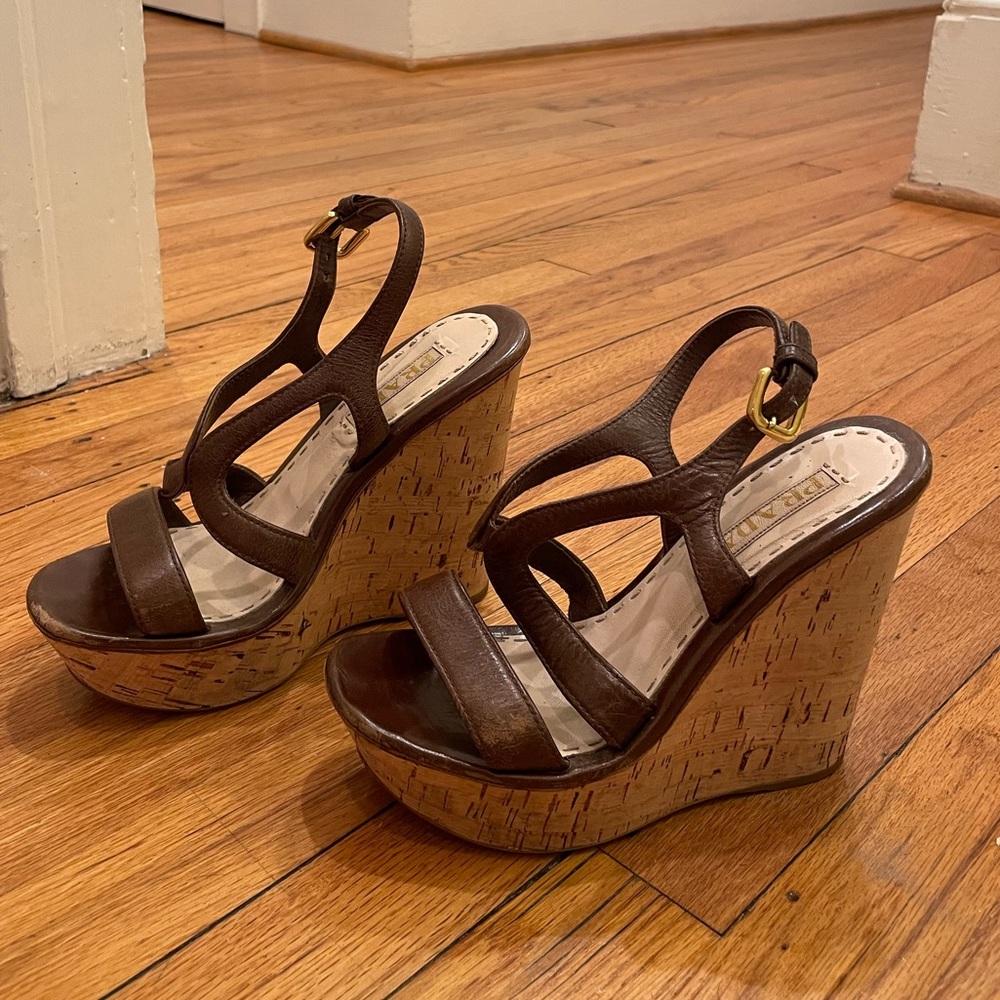 PRADA Brown Leather Gold Buckle Platform Wedges, size 37.5